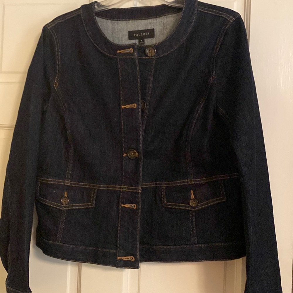 Talbots dark wash collarless jean jacket